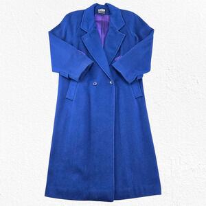 Vintage 80s Wool Coat Karen Petite Blue Long Double Breasted USA Made Size Large